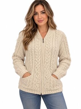 Inis Crafts 100% Merino Woolf Irish Aran Cable Knit Zip Cardigan Size Small